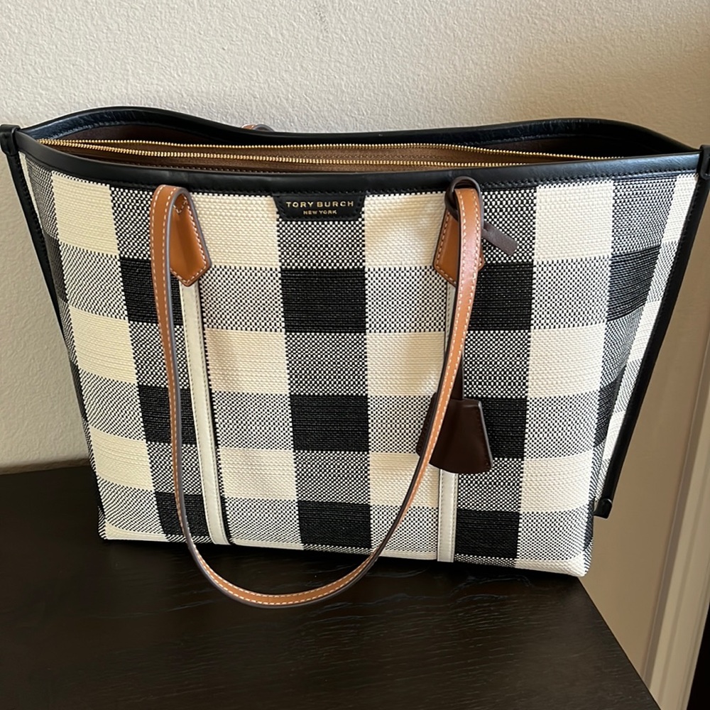 New condition Tory Burch Perry Gingham Triple Compartment tote